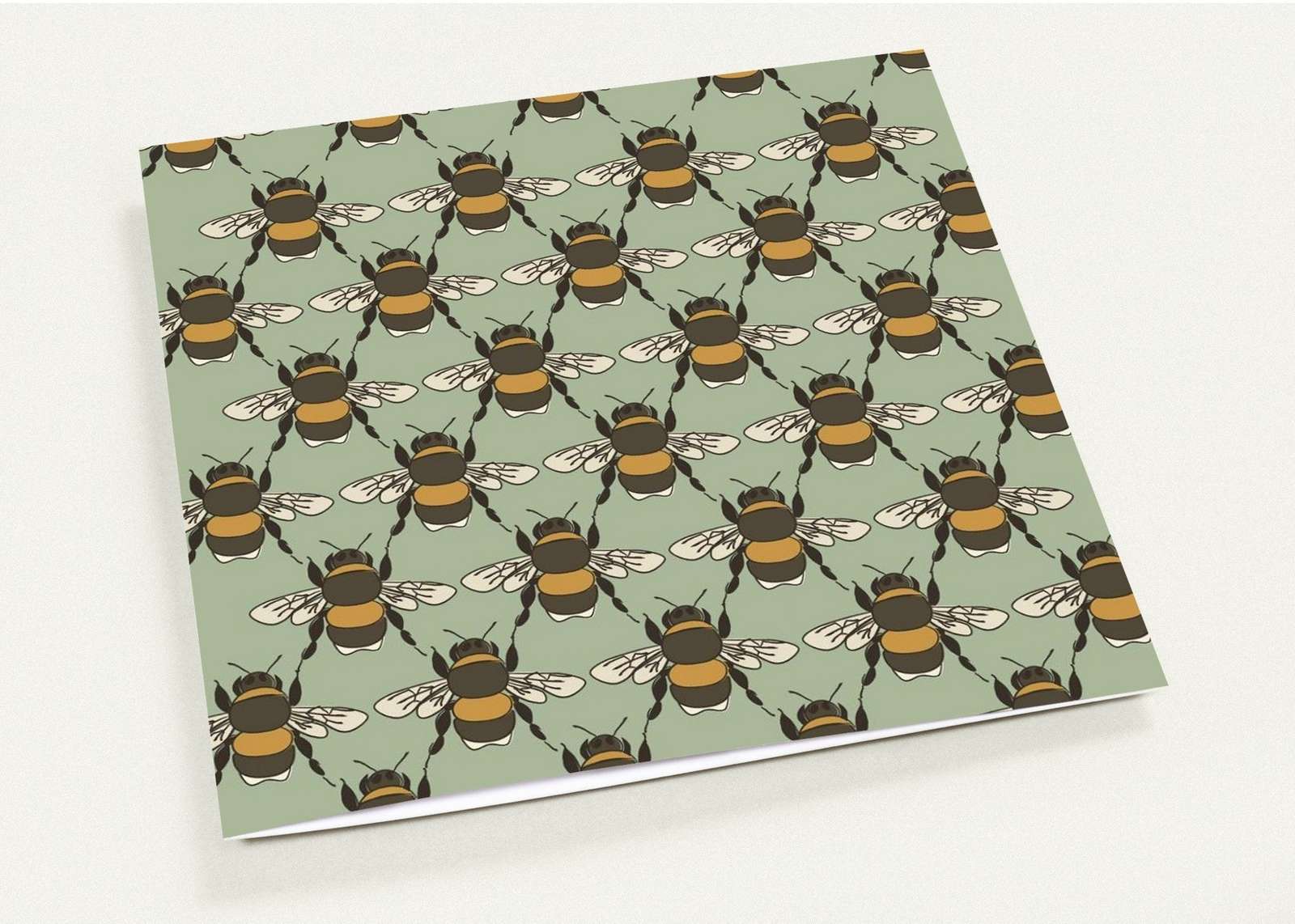 Bee pattern greeting card set on soft sage green background square size