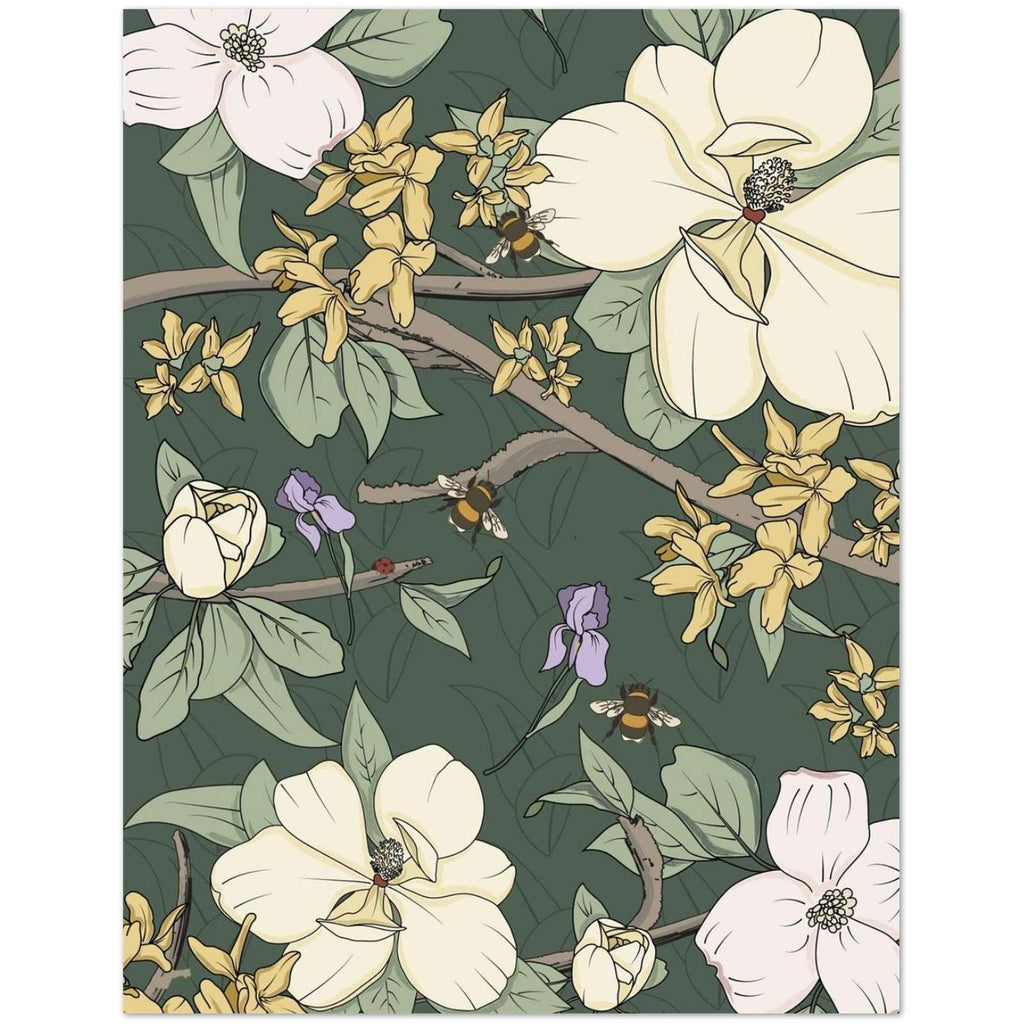 Botanical greeting card set with-magnolia, dogwood, and forsythia on a dark-green background detail