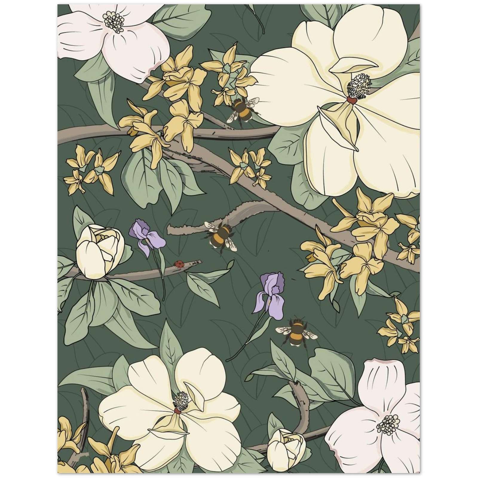 Botanical greeting card set with-magnolia, dogwood, and forsythia on a dark-green background detail
