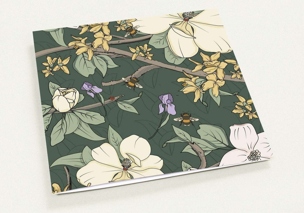 Botanical greeting card set with-magnolia, dogwood, and forsythia on a dark-green background square size