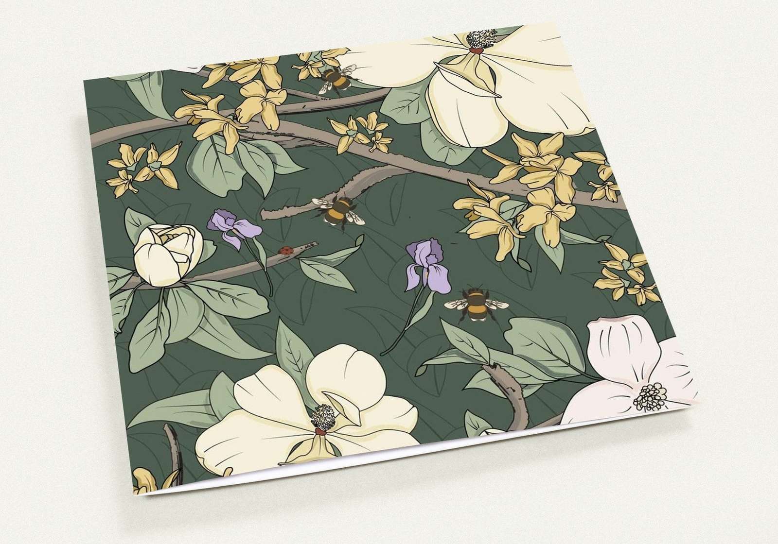 Botanical greeting card set with-magnolia, dogwood, and forsythia on a dark-green background square size