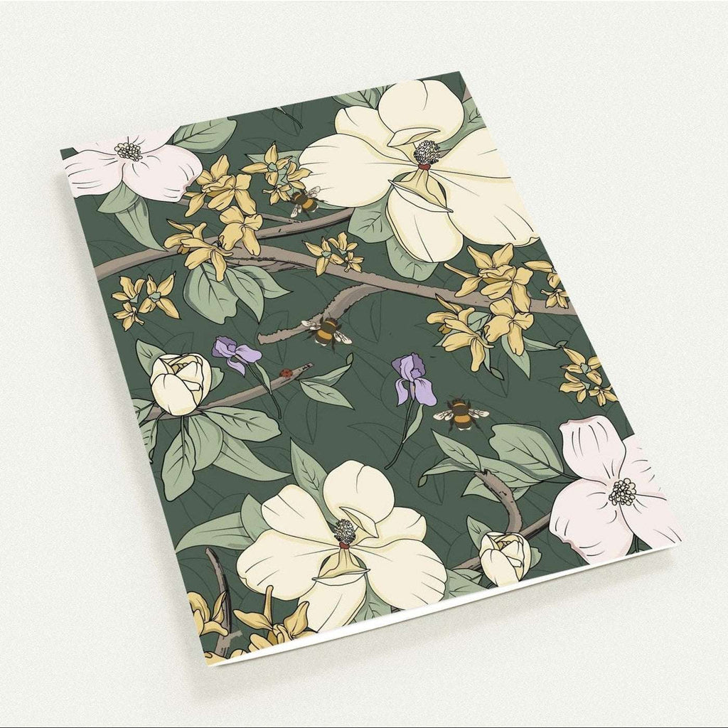 Botanical greeting card set with-magnolia, dogwood, and forsythia on a dark-green background