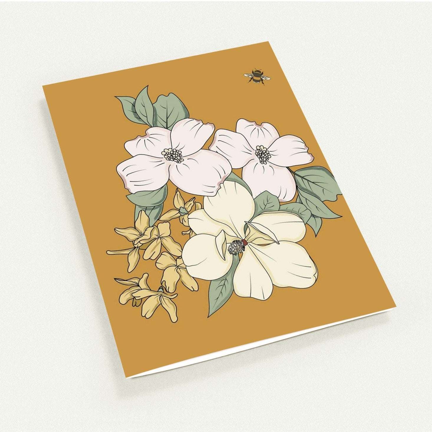 Dogwood greeting card set on golden mustard background