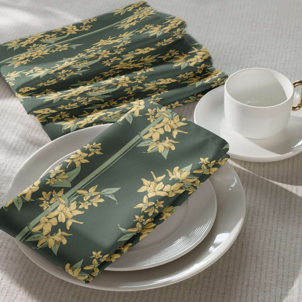Cloth napkin set in Forsythia Bloom Juniper Stripe – broadcloth dining linen on a table