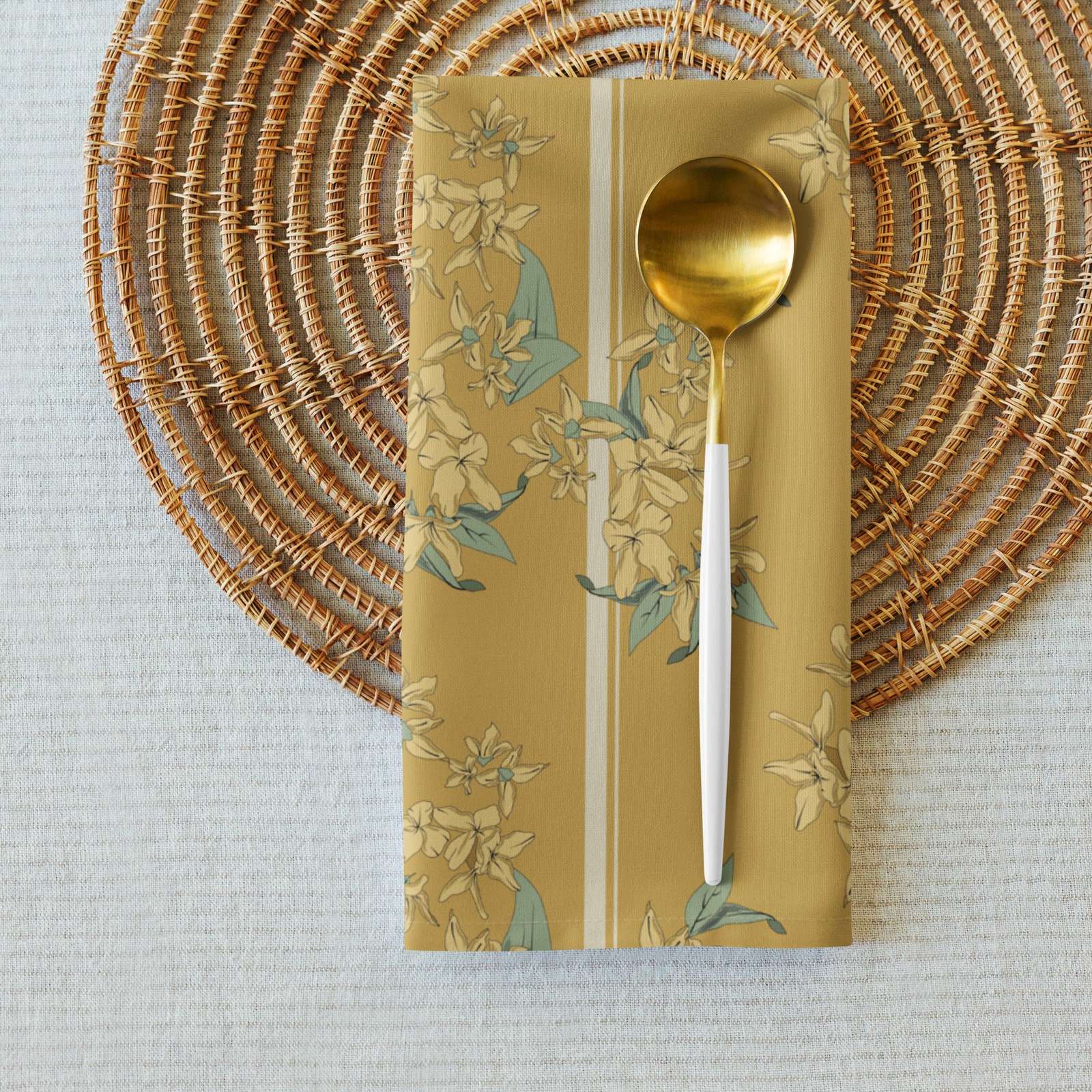 Cloth napkin set in Forsythia Bloom Marigold Stripe – broadcloth dining linen closeup example