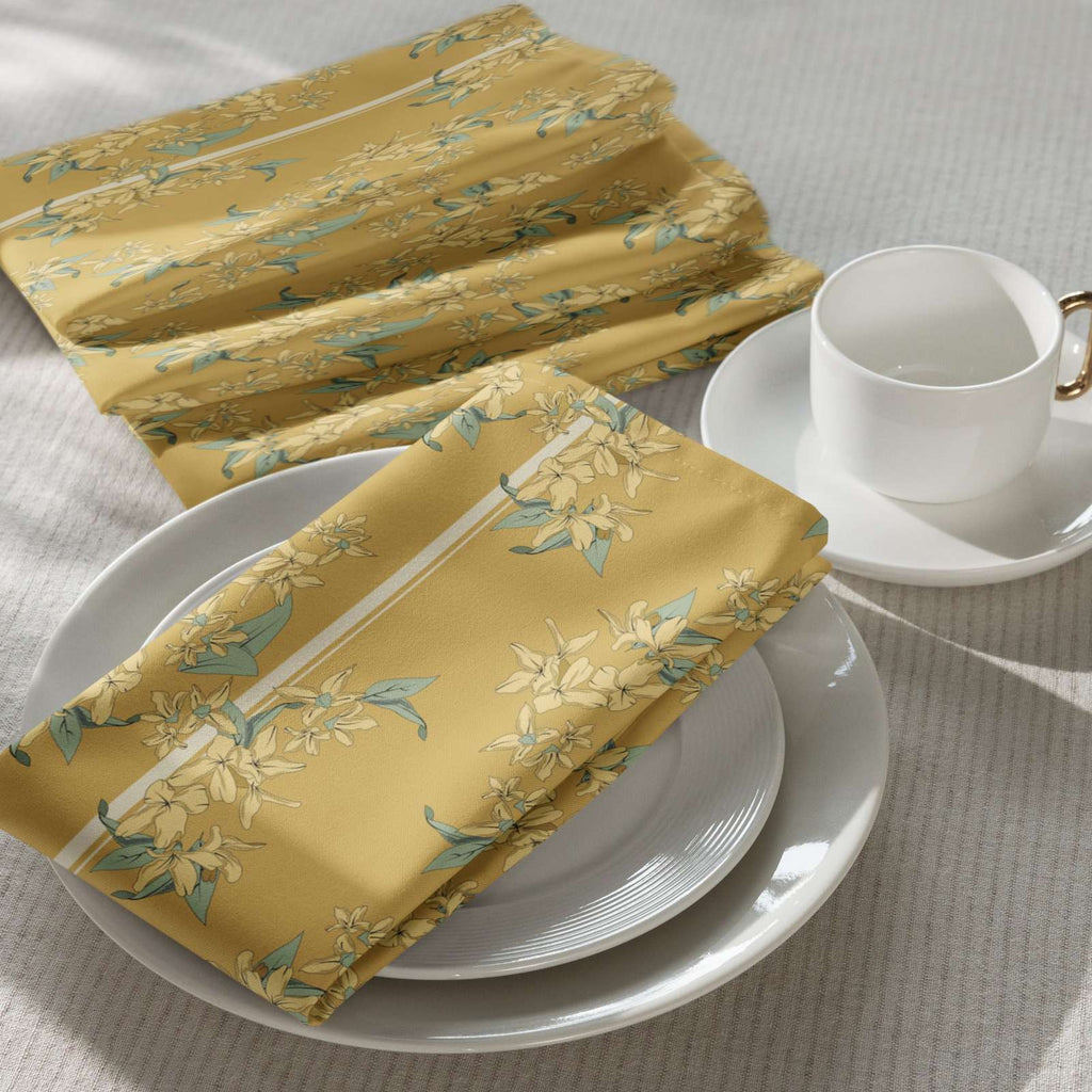 Cloth napkin set in Forsythia Bloom Marigold Stripe – broadcloth dining linen on a table