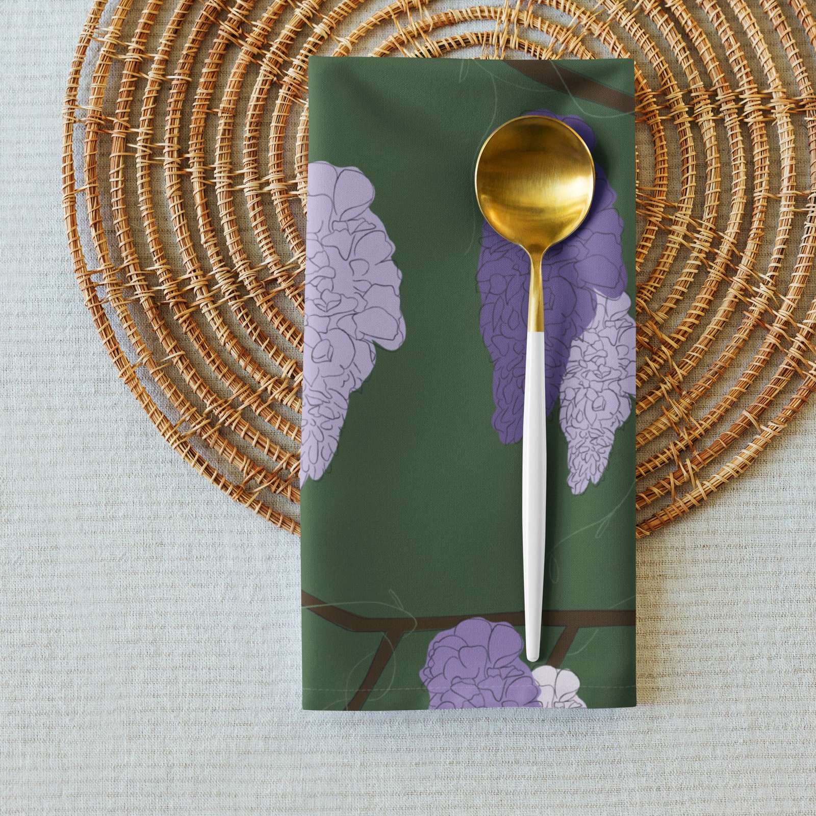 Cloth napkin set in Wisteria Trail Dark Green – broadcloth dining linen closeup example