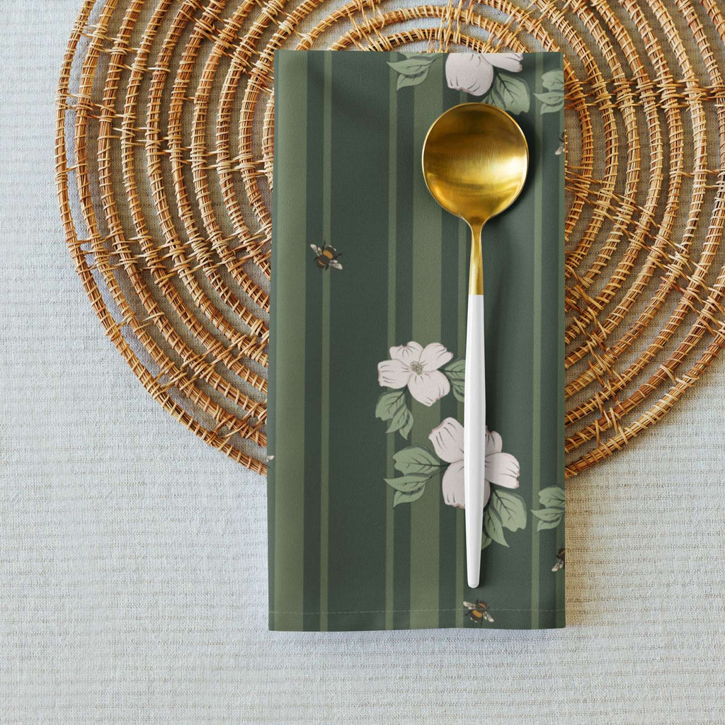Cloth napkin set in Dogwood & Bee Stripe Evergreen – broadcloth dining linen  closeup example