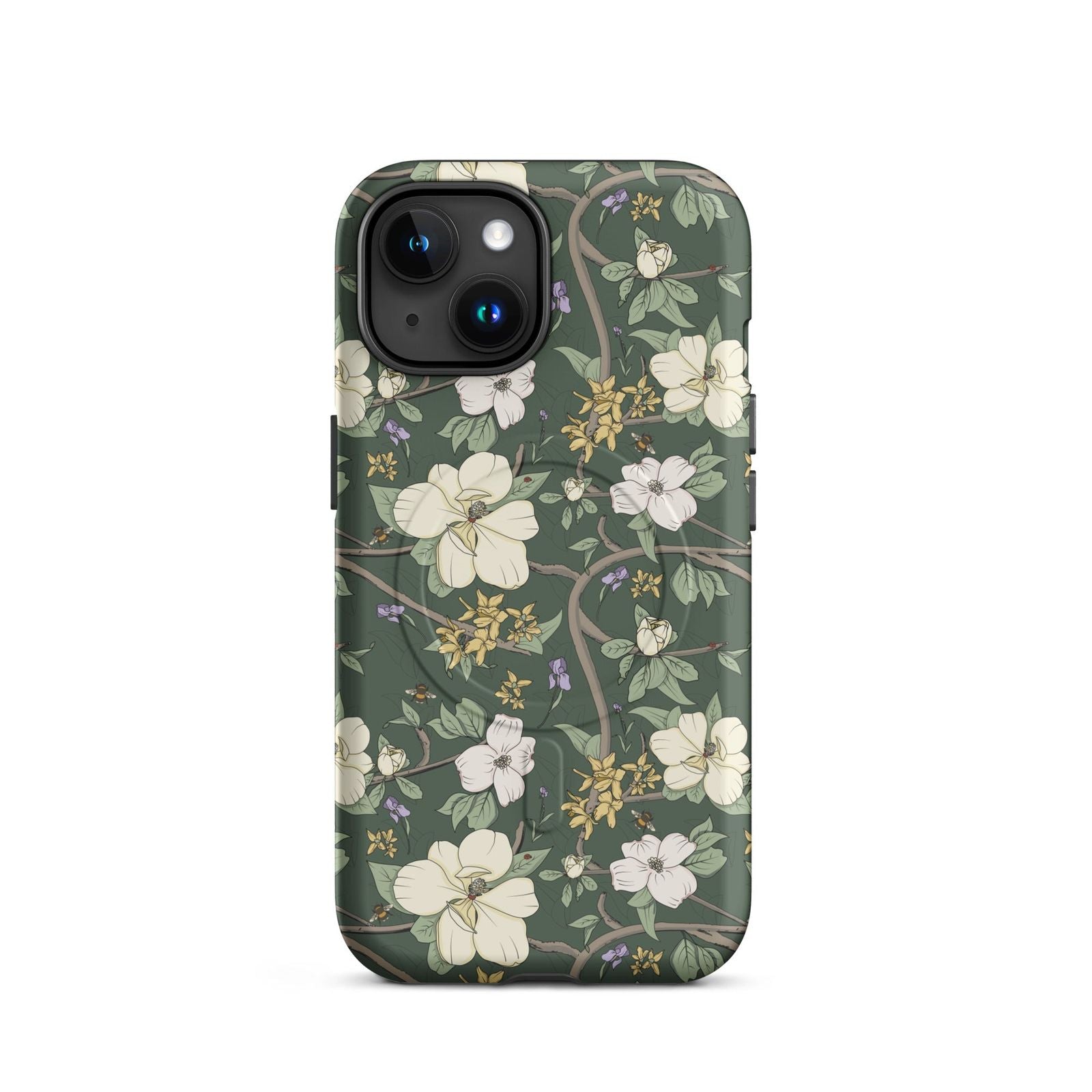 Magnolia and dogwood MagSafe iPhone case on evergreen background iPhone 15